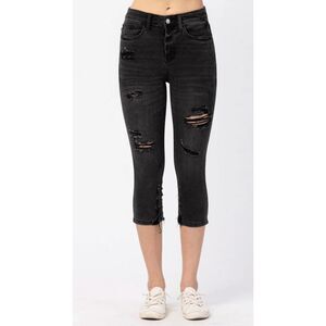 Judy Blue Black Distressed Capri Jeans High Waist Skinny Fit Size 3 (26)